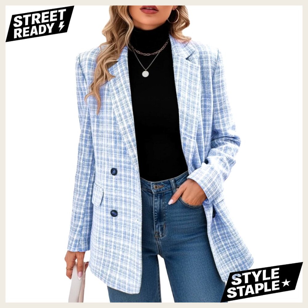 Tweed Blazer Jacket Loose Fit Long Sleeve Open Front Pockets Work Office